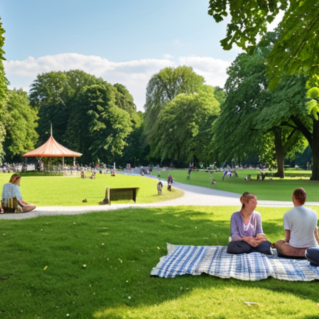 A serene green oasis in a bustling German city park: Capture the feeling of relaxation and stress relief found in nature. Focus on lush greenery, perhaps with people enjoying a picnic or practicing mindfulness, and typical German park elements like the "Englischer Garten" in Munich.