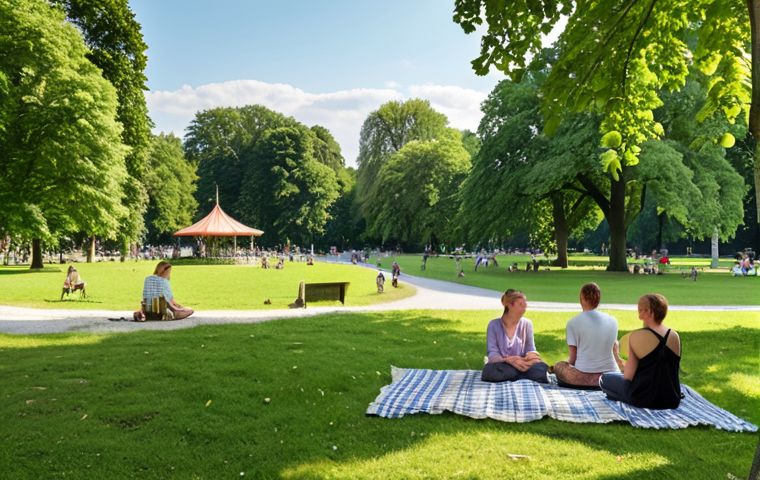 A serene green oasis in a bustling German city park: Capture the feeling of relaxation and stress relief found in nature. Focus on lush greenery, perhaps with people enjoying a picnic or practicing mindfulness, and typical German park elements like the "Englischer Garten" in Munich.