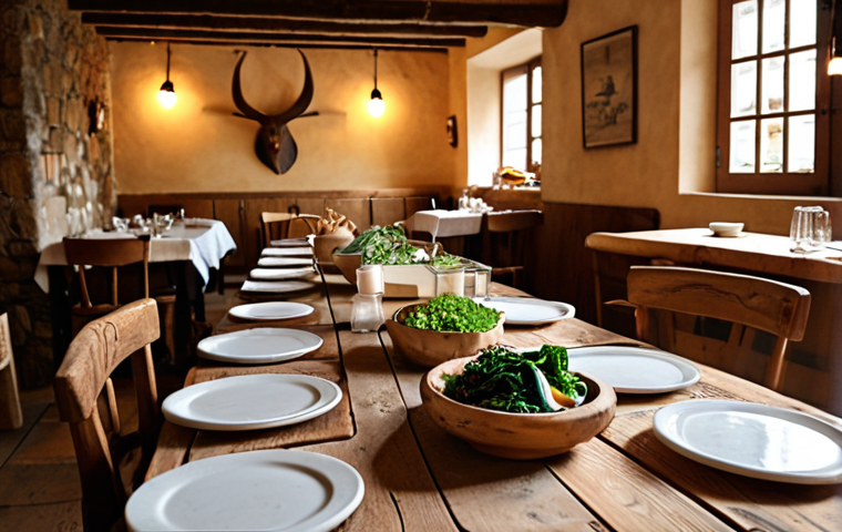 **
A rustic, warmly lit restaurant interior with wooden tables set with simple, elegant place settings. Focus on fresh, seasonal food artfully arranged on plates. Soft, diffused light creates a cozy atmosphere. Emphasis on natural materials like wood and stone. Perhaps a glimpse of a local farmer delivering fresh produce in the background. Keywords: Regional cuisine, seasonal ingredients, farm-to-table, Slow Living, Germany, cozy restaurant, rustic, natural light, minimalist.
**