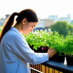 A focused gardener, fully clothed in modest, practical attire, gently tending to vibrant potted herbs and small vegetables on a sun-drenched urban balcony. Lush green leaves and delicate blossoms of plants like mint and cherry tomatoes are visible. Sunlight streams through, illuminating the scene. In the background, a soft-focus modern city skyline contrasts with the peaceful green oasis. The image conveys a sense of tranquility and mindful connection to nature. Perfect anatomy, correct proportions, natural pose, well-formed hands, proper finger count, natural body proportions, appropriate content, safe for work, family-friendly, professional photography, high quality.