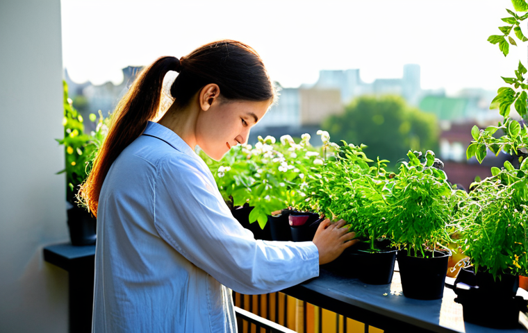 A focused gardener, fully clothed in modest, practical attire, gently tending to vibrant potted herbs and small vegetables on a sun-drenched urban balcony. Lush green leaves and delicate blossoms of plants like mint and cherry tomatoes are visible. Sunlight streams through, illuminating the scene. In the background, a soft-focus modern city skyline contrasts with the peaceful green oasis. The image conveys a sense of tranquility and mindful connection to nature. Perfect anatomy, correct proportions, natural pose, well-formed hands, proper finger count, natural body proportions, appropriate content, safe for work, family-friendly, professional photography, high quality.