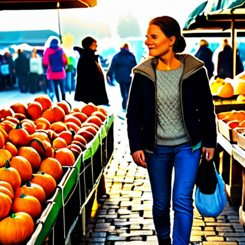 Wochenmarkt Harvest**
"A vibrant Wochenmarkt (farmers market) scene in autumn, overflowing with colorful pumpkins, apples, and seasonal vegetables. A fully clothed woman in a modest, comfortable sweater and jeans is carefully selecting produce. Background shows other market vendors and shoppers. Golden hour lighting, emphasizing the warm tones. Safe for work, appropriate content, fully clothed, professional photography, perfect anatomy, natural proportions, family-friendly, high quality, German market setting."
**