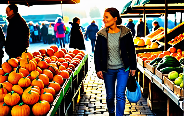 Wochenmarkt Harvest**

"A vibrant Wochenmarkt (farmers market) scene in autumn, overflowing with colorful pumpkins, apples, and seasonal vegetables. A fully clothed woman in a modest, comfortable sweater and jeans is carefully selecting produce. Background shows other market vendors and shoppers. Golden hour lighting, emphasizing the warm tones. Safe for work, appropriate content, fully clothed, professional photography, perfect anatomy, natural proportions, family-friendly, high quality, German market setting."

**