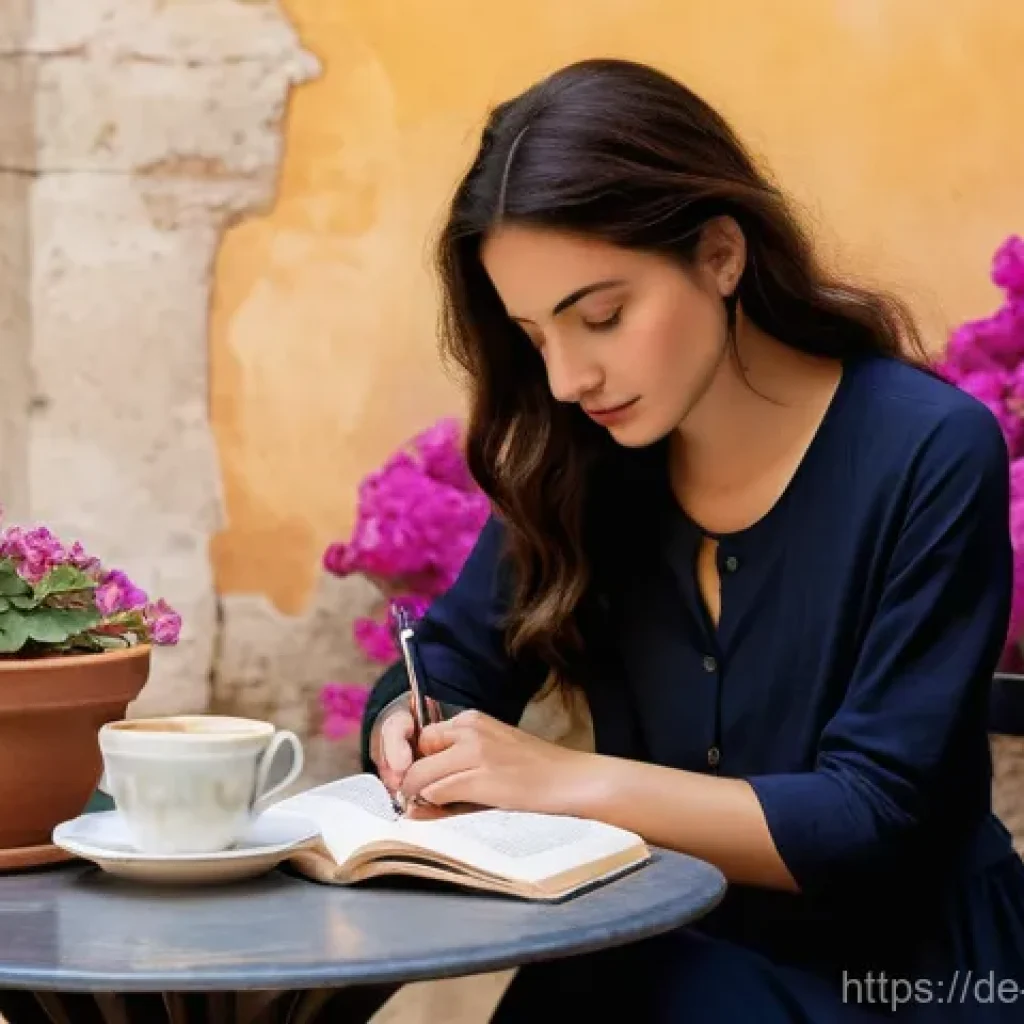 느린 생활을 위한 여행 중간기록 작성법 - **Mindful Writing in a Tuscan Cafe:**
"A young woman, approximately 25-30 years old, with soft, ...