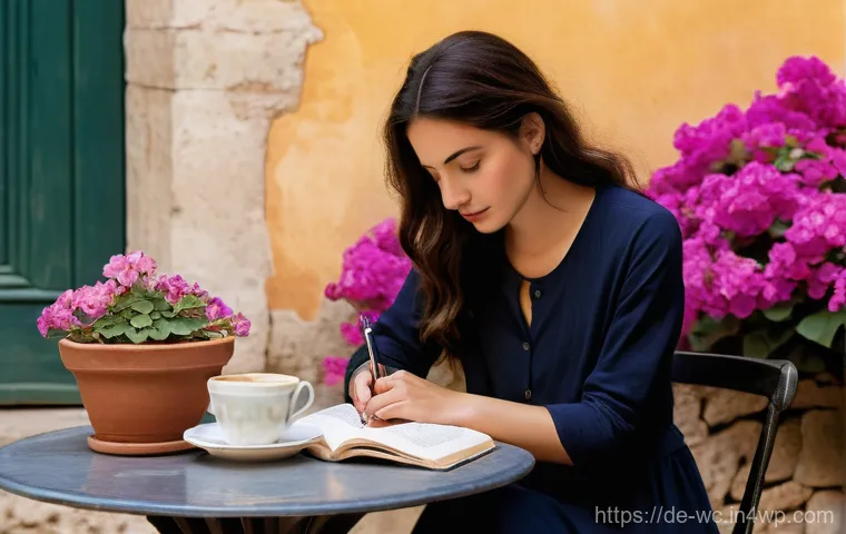 느린 생활을 위한 여행 중간기록 작성법 - **Mindful Writing in a Tuscan Cafe:**
"A young woman, approximately 25-30 years old, with soft, ...