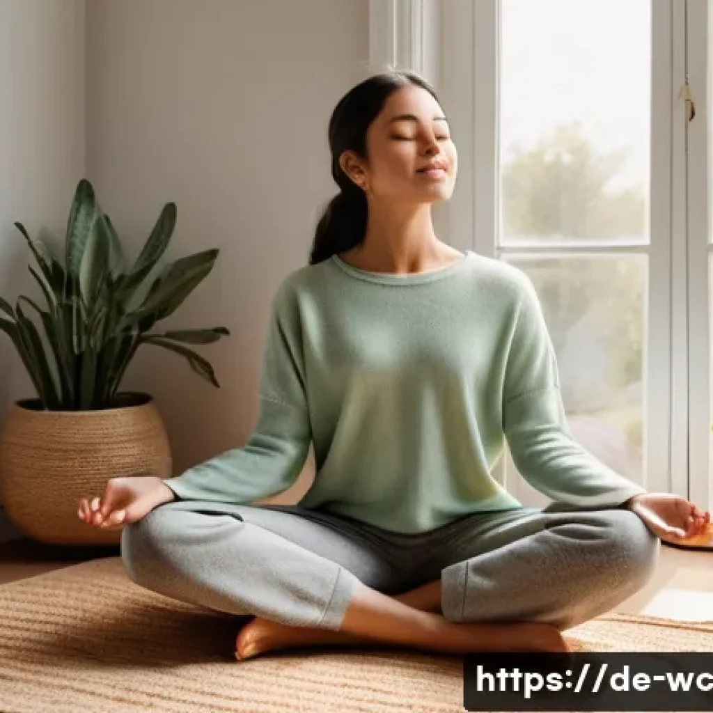 느린 생활과 감정 관리 - **Mindful Morning Ritual in a Cozy Home:** A serene young woman, aged 25-35, sits comfortably on a p...