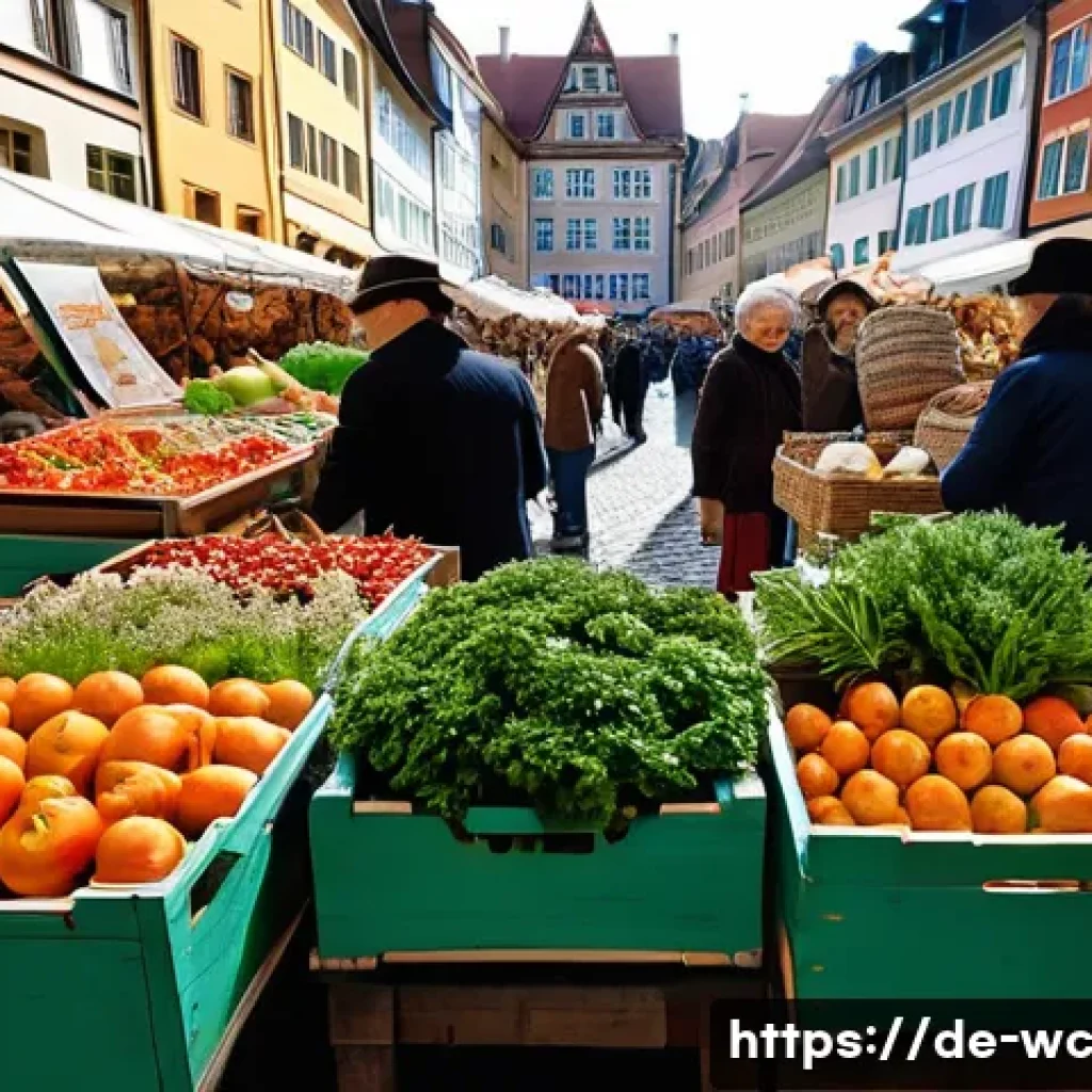 느린 생활을 위한 지역 시장 탐방 - **Vibrant German Weekly Market Scene with Abundant Fresh Produce:** A bustling, sunlit outdoor weekl...