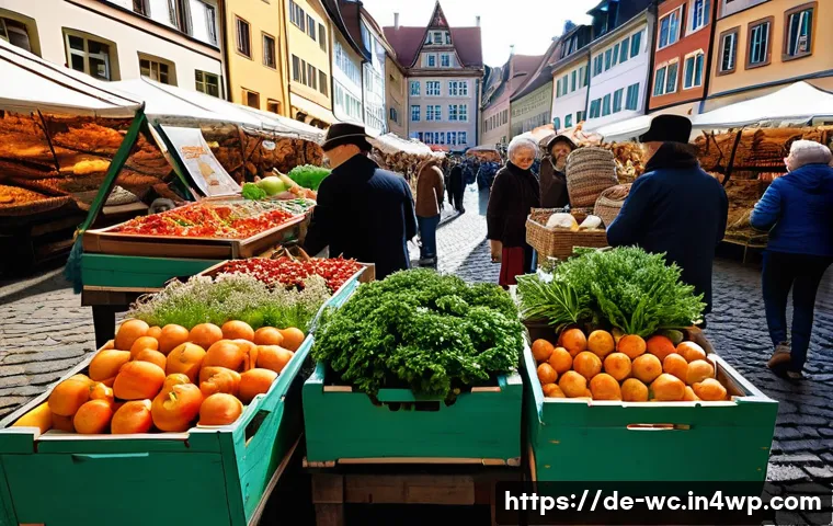 느린 생활을 위한 지역 시장 탐방 - **Vibrant German Weekly Market Scene with Abundant Fresh Produce:** A bustling, sunlit outdoor weekl...