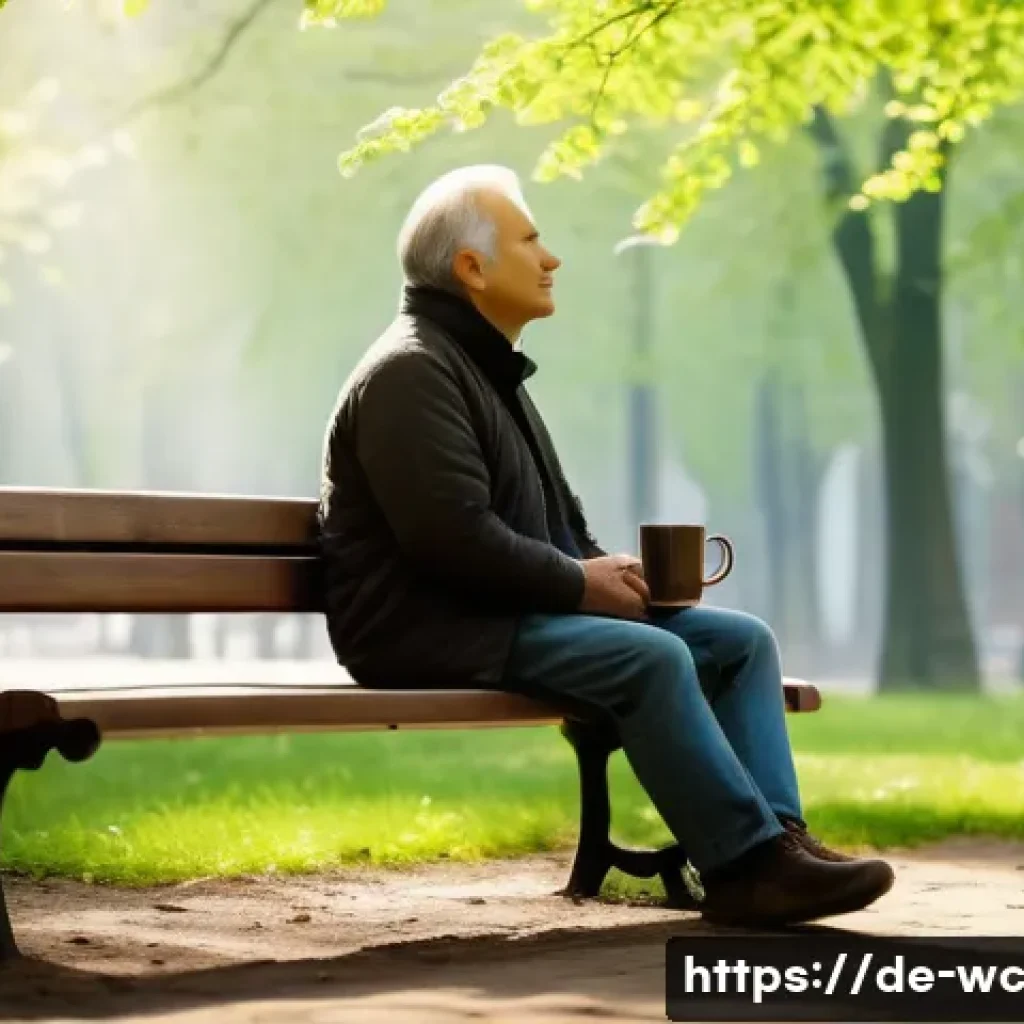 느린 생활 철학을 통한 진정한 행복 찾기 - A serene morning scene in a European urban park during early spring, featuring a middle-aged person ...