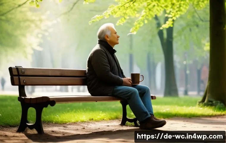 느린 생활 철학을 통한 진정한 행복 찾기 - A serene morning scene in a European urban park during early spring, featuring a middle-aged person ...