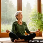 느린 생활을 위한 일상 속 힐링 방법 - A serene scene of a middle-aged German woman practicing mindful breathing in a cozy, softly lit livi...