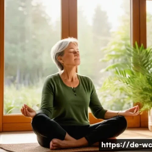 느린 생활을 위한 일상 속 힐링 방법 - A serene scene of a middle-aged German woman practicing mindful breathing in a cozy, softly lit livi...