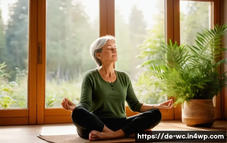 느린 생활을 위한 일상 속 힐링 방법 - A serene scene of a middle-aged German woman practicing mindful breathing in a cozy, softly lit livi...