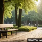 도시에서 느린 생활과 인간관계 탐구 - A peaceful urban park scene in a German city during early morning, featuring diverse adults and seni...