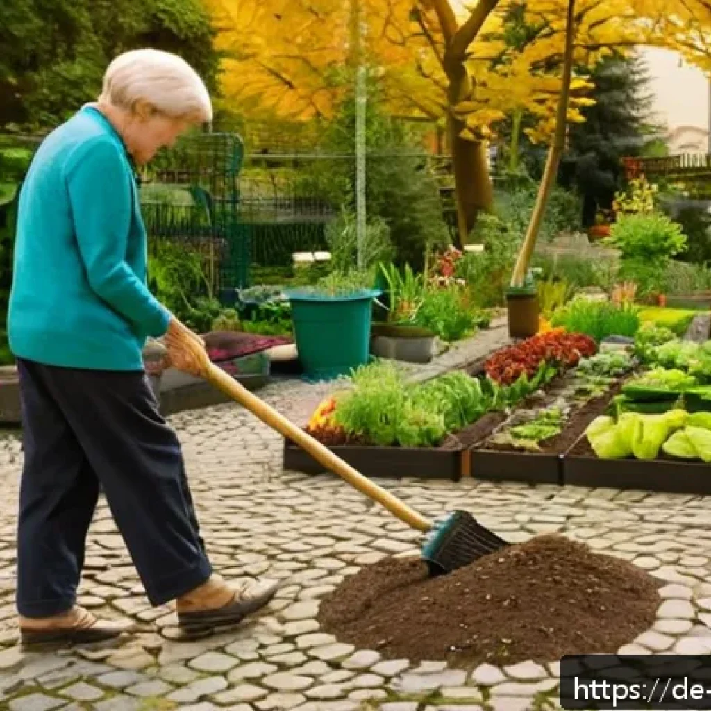 느린 생활 철학의 역사적 배경 - A serene urban community garden in a German city during early autumn, with diverse adults and elderl...