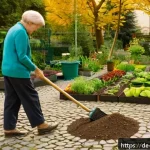 느린 생활 철학의 역사적 배경 - A serene urban community garden in a German city during early autumn, with diverse adults and elderl...