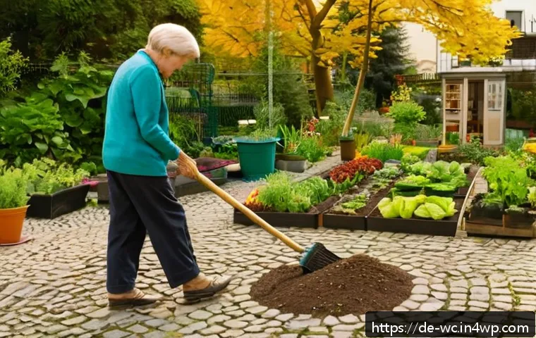 느린 생활 철학의 역사적 배경 - A serene urban community garden in a German city during early autumn, with diverse adults and elderl...