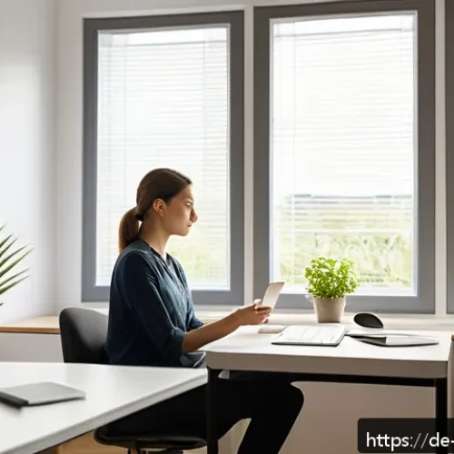 느린 생활을 위한 시간 관리 기술 - A peaceful home office scene featuring a young adult woman taking a mindful five-minute break: she s...