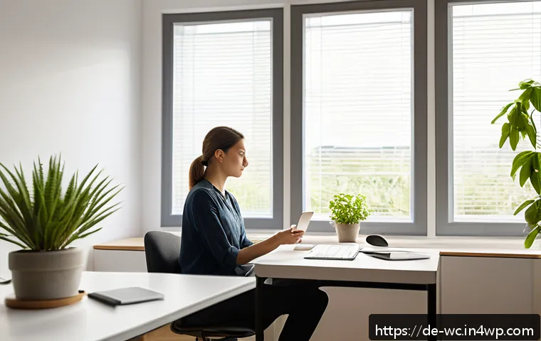 느린 생활을 위한 시간 관리 기술 - A peaceful home office scene featuring a young adult woman taking a mindful five-minute break: she s...