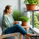 도시에서 느린 생활을 위한 활동 계획 - A serene urban balcony scene in a modern German apartment, showing a young adult woman wearing comfo...