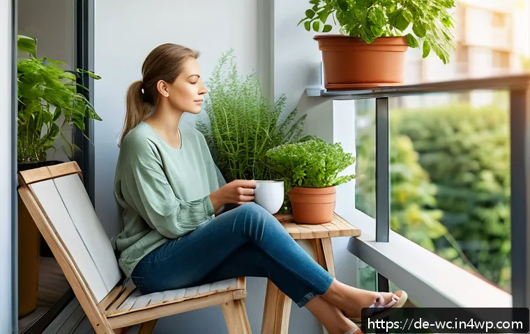 도시에서 느린 생활을 위한 활동 계획 - A serene urban balcony scene in a modern German apartment, showing a young adult woman wearing comfo...